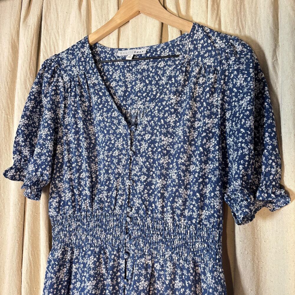 Blue Ditsy Floral Maxi Dress Smocked Waist Button Front M